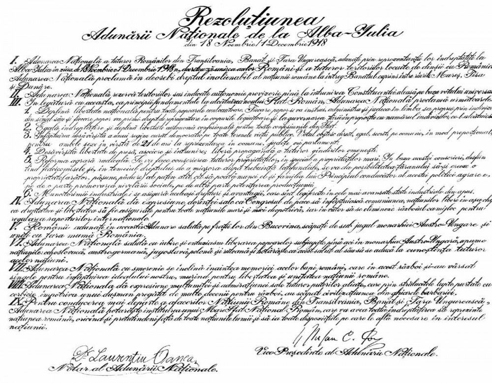 December 1st, 1918, the National Assembly of Romanians Resolution