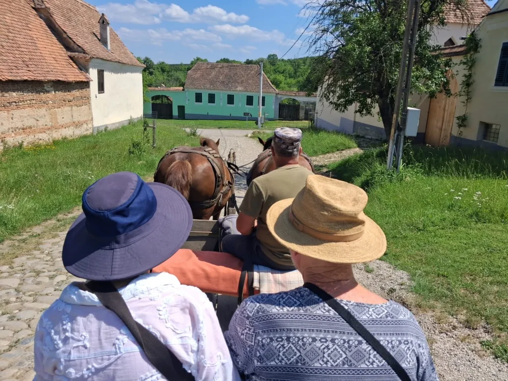 rolandia tourists in viscri with a horse carriage