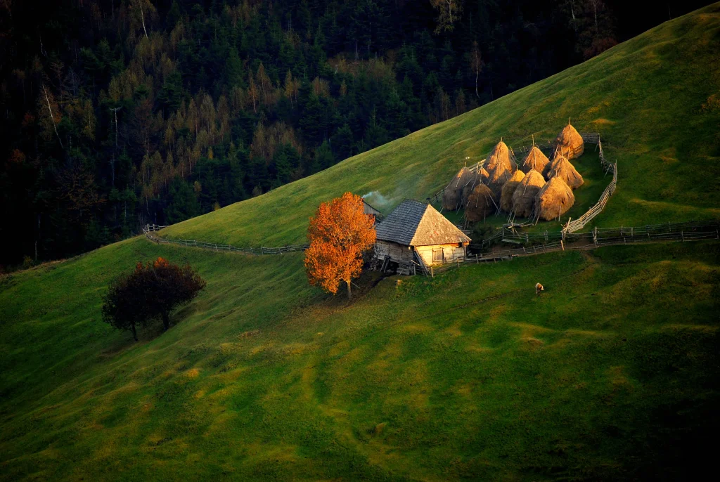 hill in romania with haystacks